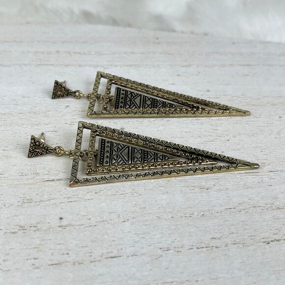 Gold Tone Tiered Triangle Cairo Dangle Earrings Black Geo Geometric Boho Jewelry - Picture 4 of 16